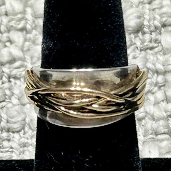 Premier Designs Silver and Gold Wide Band Wire Look Ring, Size 8 - Picture 1 of 4